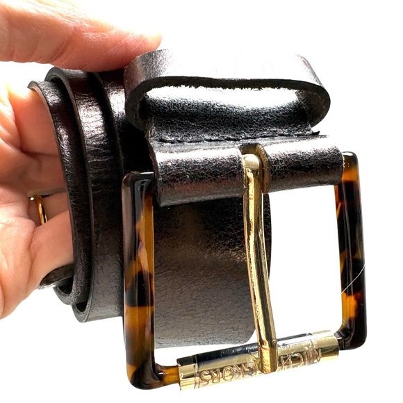 belt MICHAEL KORS black leather tortoise shell S/M buckle 1.5" wide gold accent - Picture 3 of 9